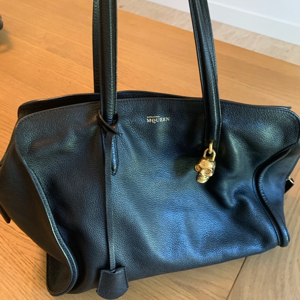 Alexander McQueen Black Leather Tote with Gold Skull Charm